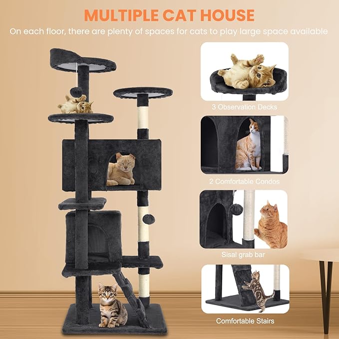 54.7 inches Cat Tower for Indoor Cats, Multi-Level Cat Condos with Scratching Posts, Hanging Toys, Dark Gray-PawvioPets