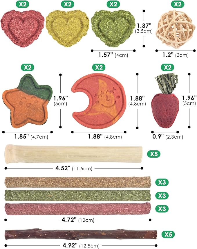 ERKOON 33PCS Bunny Chew Toys for Rabbits Teeth, Natural Rabbit Toys Apple Wood Sticks, Carrot, Timothy Grass Toys for Small Pets, Hamster, Chinchilla, Guinea Pig Dental Care and Treat Teething Toys-PawvioPets