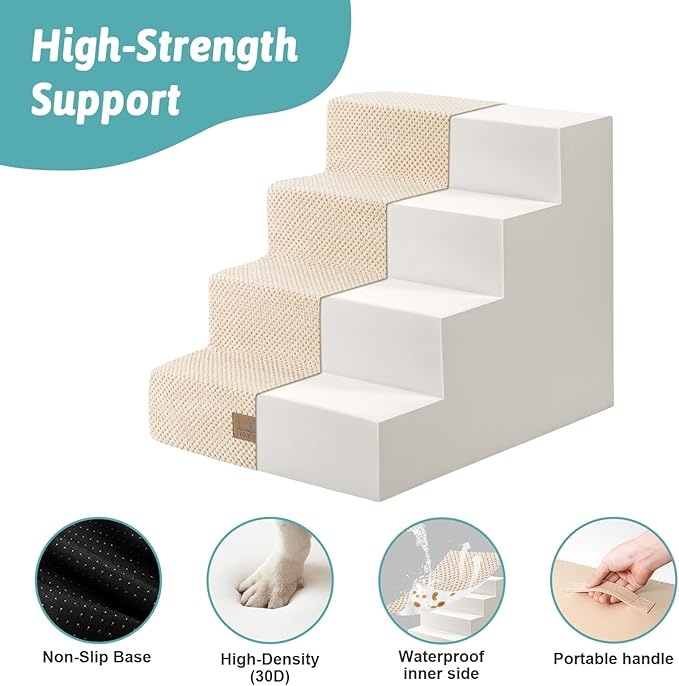 Dog Stairs for Small Dogs, 4 Tier Wider Pet Stairs for Couch and Beds, 17.7" H Non-Slip Dog Steps for Old Cats, Puppy, Small Medium Dogs, 17.7x23.6x17.7 inch, Beige-PawvioPets