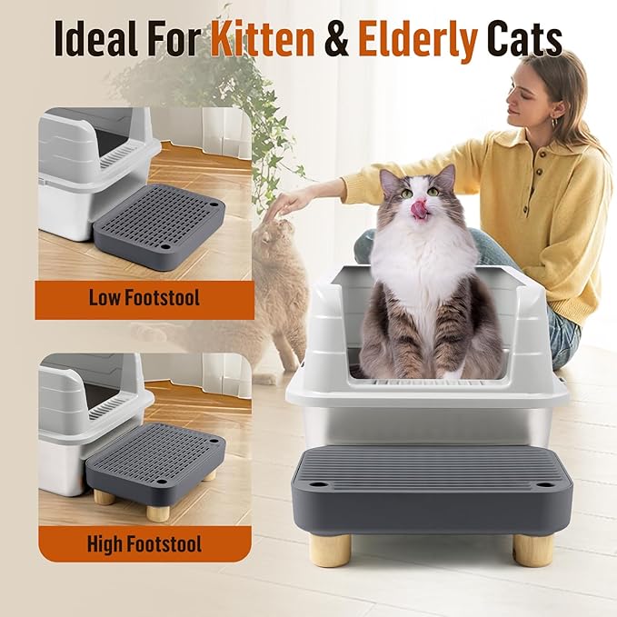 Cat Litter Box Step Ramp, Cat Litter Catcher Mat with Wooden Feet, Filter Function, Cat Pedal Stool for Self-Cleaning Cat Litter Box, Ideal for Kitten & Elderly Cats (Dark Grey)-PawvioPets
