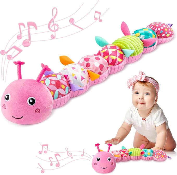 Baby Toys 0-6-12 Months,Infant Musical Stuffed Animals Activity Toys with Muti-Sensory Crinkle,Rattles,Baby Girl Toys Gifts for Newborn Tummy Time,Caterpillar,Pink-PawvioPets