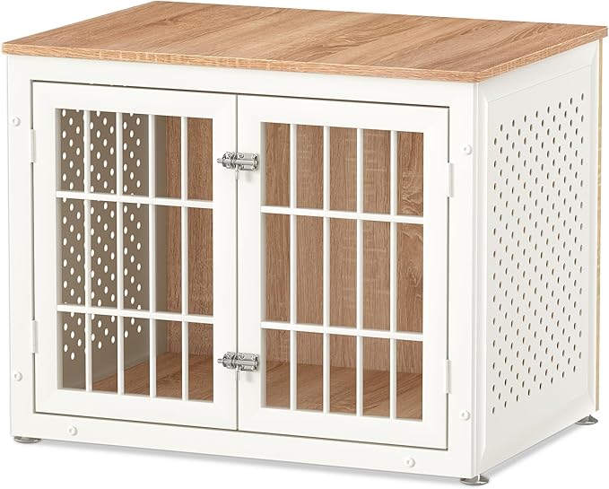 32" Heavy Duty Dog Crate Furniture for Small and Medium Dogs, Metal Kennel for High Anxiety Dogs, Chew Proof Pet Cage Indoor, Decorative Dog Kennel End Table, White-PawvioPets
