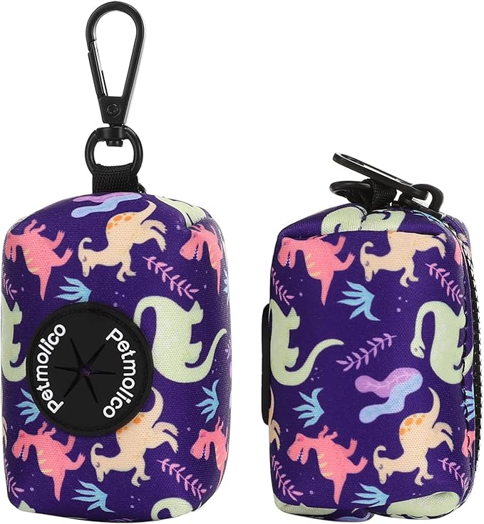 Attachment,Waste Bag Dispenser Zippered Pouch, Fits Any Leash, Includes Free Roll of Dog Bags, Poop Bag Dispenser - 2 Packs, Little Dinosaurs-PawvioPets