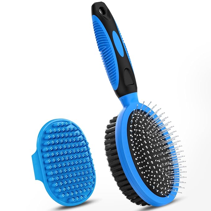 2PCS Pet Grooming Tools - Double-Sided Brush for Shedding and Bathing, Suitable for Short/Long Haired Dogs Cats and Horses, Deshedding Dog Brush, Mane & Tail Combs for Horses - Pet Supplies (Blue)-PawvioPets