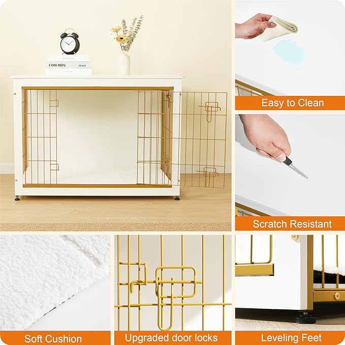 DWANTON Dog Crate Furniture with Cushion, Wooden Kennel Table with Double Doors, Indoor Dog House, Large Size, 38.5" L, White-PawvioPets