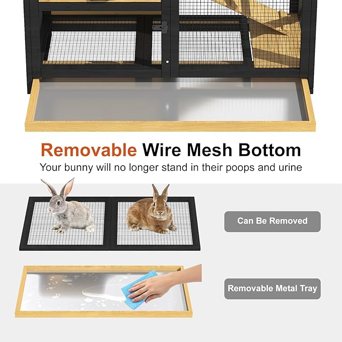 40'' Rabbit Cage Bunny Cage Indoor, Outdoor Rabbit Hutch for Small Animals, 2-Story Wooden Guinea Pig Cages with Wheels & 2 Deeper No Leak Trays, Waterproof Openable Roof & Bottom Wire Mesh-PawvioPets