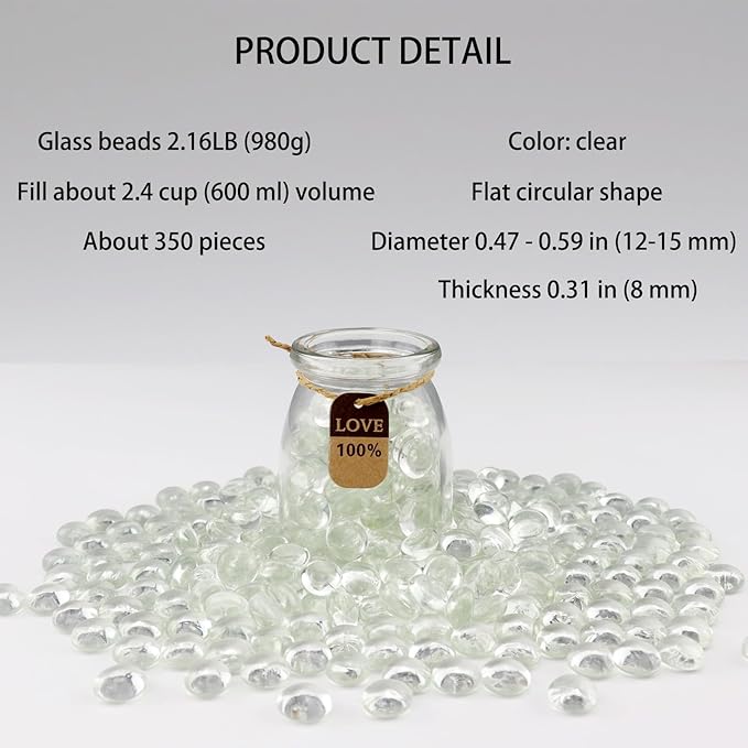 2.16LB Glass Beads Vase Filler Aquarium Gravel Decor Flat Glass Marbles Gems Pebbles Fish Tank Rocks Home Decorative Art Craft - Clear-PawvioPets