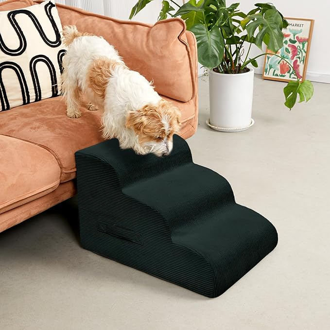 Dog Stairs Steps for High Bed, 3 Steps Pet Steps for Small Dogs Non-Slip Removable Washable Cover Ramp for Indoor Outdoor Car Couch Sofa, Dark Gray-PawvioPets