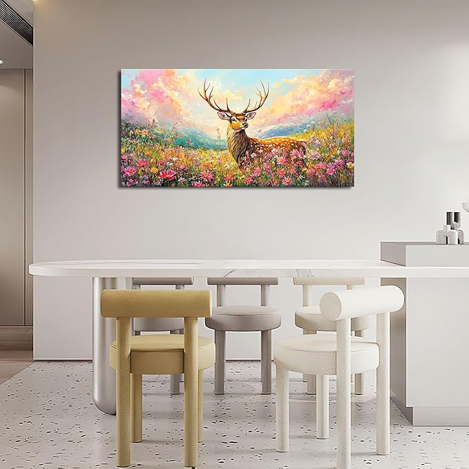 Deer Large Wall Art Wildflower Landscape Pictures Rustic Flowers Wall Decor Wild Animal Nature Canvas Print Painting Artwork for Bathroom Living Room Bedroom 30"x60"-PawvioPets