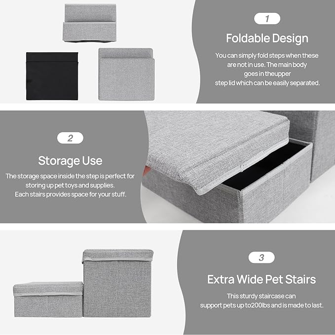 Foldable Dog Stairs/Steps 2-Tier Pet Steps Storage and Adjustable Steps for Small Medium Dogs Pet Steps Storage Stepper for High Beds Sofa Pet Dog Cat (2 Step-Light Grey)-PawvioPets