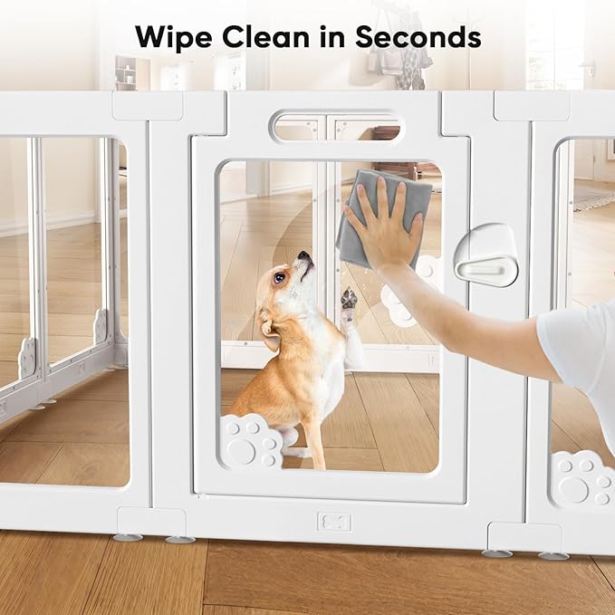 Acrylic Clear Dog Play Pen Indoors, Puppy Playpen with Door for Small Dogs Puppies, Transparent Plastic Pet Playpen Cage Fence Crate Kennel for Cat Kitten Rabbit Bunny Ferret etc (White-10 Panels)-PawvioPets