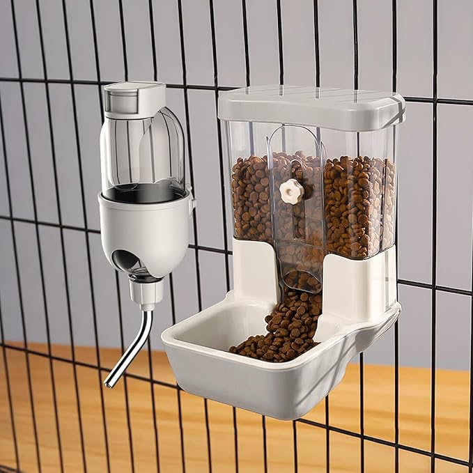 Automatic Pet Food Water Dispenser, Auto Gravity Pet Feeder Water Bottle Set for Crate Cage, Feeding Station for Small Dog Cat Rabbit Guinea Pigs Chinchilla Ferret Hedgehog (Gray)-PawvioPets