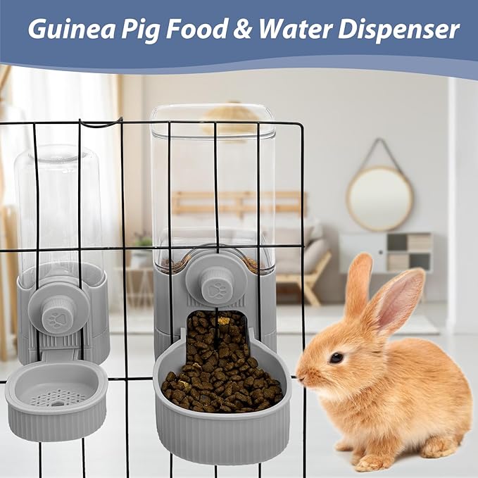 Fhiny Rabbit Food & Water Dispenser, Large Capacity Gravity Guinea Pig Feeder and Waterer Set Hanging Automatic Bunny Feeder for Cage for Bunny Guinea Pig Chinchilla Ferret Cat Puppy-PawvioPets