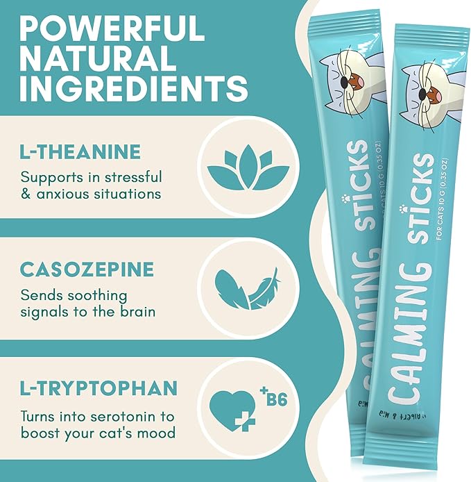 ALBERT & MIA Calming Sticks Lickable Calming Cat Treats for Stress and Anxiety Relief for Cats, Irresistible - Vet Recommended (Sleeping Aid, Vet Visits, Grooming, Car Rides, Plane) 20 Pack-PawvioPets
