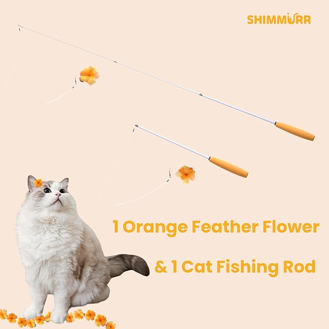 Cat Feather Wand Toy - 38" Retractable Cat Wand Toy with Orange Feather Flower Teaser Refill for Indoor Cats and Interactive Play-PawvioPets