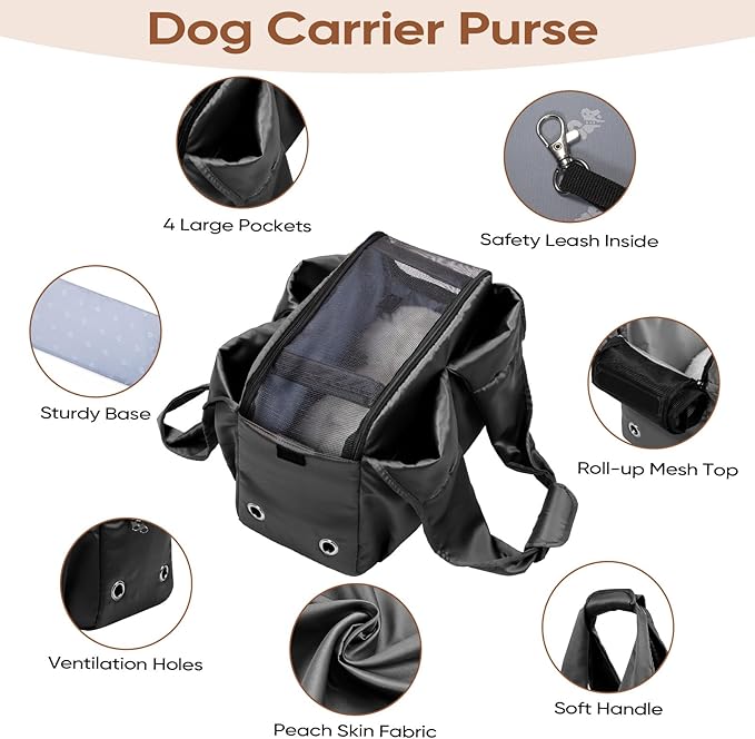 Dog Purse Carrier for Small Dogs, Cats, and Puppies – Soft-Sided Travel Pet Tote Bag with 4 Large Pockets, Foldable, Lightweight, Fits Pets up to 15 lbs, for Travel, Outings (Black)-PawvioPets