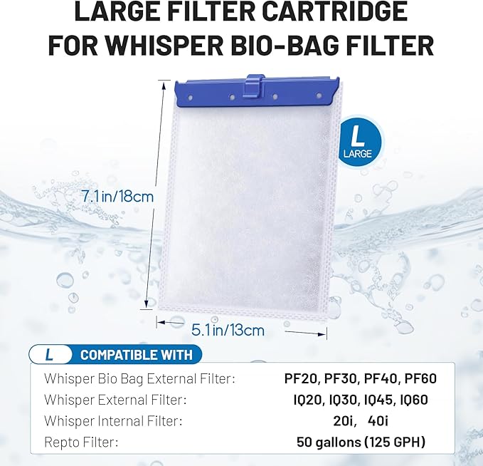 16 Count Large Filter Cartridges Compatible with Whisper Bio Bag Filters, Large Aquarium Filter Cartridge for Whisper 20i 40i, IQ20/30/45/60, PF20/30/40/60 and Repto Filter-PawvioPets