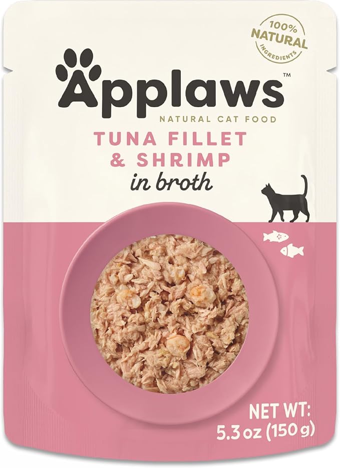 Applaws Natural Wet Cat Food in Broth, Limited Ingredient Wet Cat Food Pouches, No Additives, Made with Natural Ingredients, Tuna Fillet with Shrimp in Broth (12 x 5.3oz Pouches)-PawvioPets