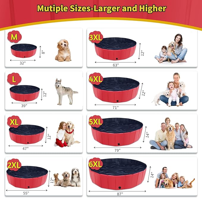 Foldable Dog Pool, 47" x 12" Kiddie Pool with Hard Plastic, Non-Slip Dog Bath Tub for Outdoor Backyard, Collapsible Dog Swimming Pool for Kids Dogs Pets (Red)-PawvioPets