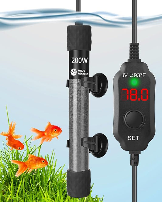 AquaMiracle Adjustable 200W Aquarium Heater Submersible Fish Tank Heater Super Short Aquarium Heater with LED Digital Display Thermostat, for Tanks 20-40 Gallons-PawvioPets