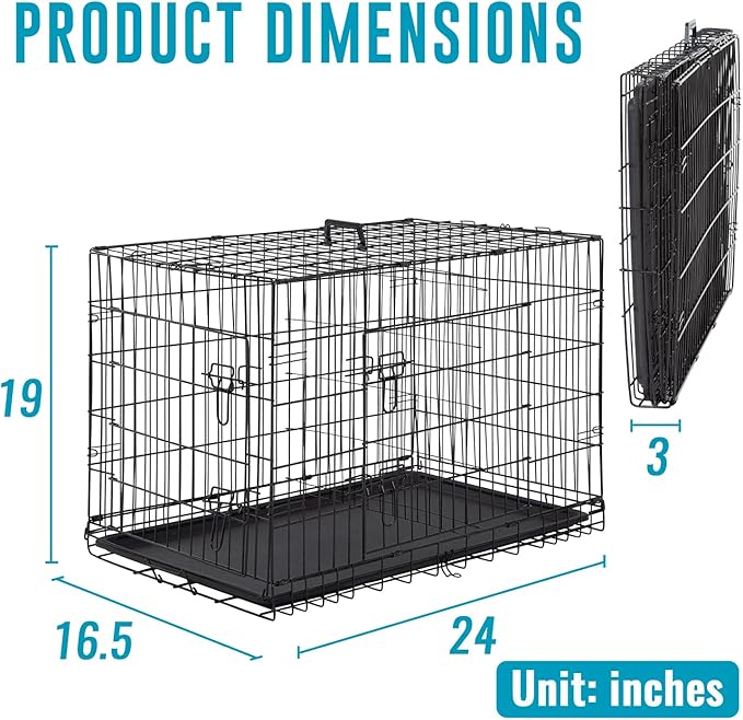 FDW Dog Crate for Small Dogs 24 Inch Folding Metal WirePet Cage Double Door W/Divider Panel Indoor Outdoor Kennel Leak-Proof Plastic Tray,Black-PawvioPets