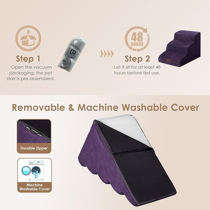 EHEYCIGA Curved Dog Stairs Ramp for Small Dogs 15.7" H, 3-Step Dog Steps for Couch Sofa and Chair, Pet Stairs for Cats, Non-Slip Balanced Pet Steps Indoor, Purple-PawvioPets