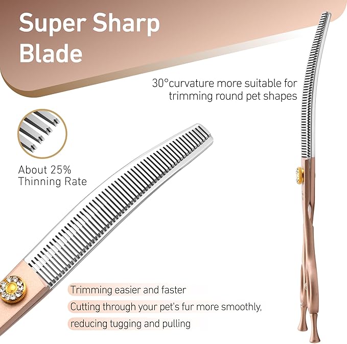 Fenice Peak Professional Curved Thinner Dog Grooming Scissors 7.0'' Rose Gold Thinning Shears Extremely Sharp Blades 440C Stainless Steel Thinning Shears Durable Smooth Fine Cut for Dogs and Cats.-PawvioPets