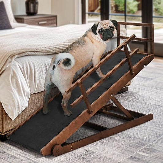 Dog Ramp for Bed, Adjustable Pet Ramps for Dog to Get on Bed, Non-Slip Rubber Surface - Folding Wooden Dog Ramp for Small/Large/Old Dogs, Adjustable up to 23.5 inch High Beds, Safety Railings-PawvioPets