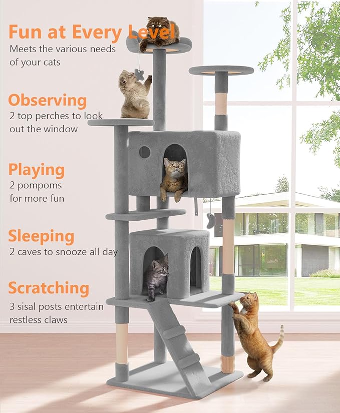 77'' Cat tree Tower for Indoor Cats Large Adult,Cute/Tall Modern Cat Tree for Big Cats 20 lbs,Plush Multi-Level Cat Condo with Scratching Posts,Dangling Ball for fun play(Light Gray, 77 inch)-PawvioPets