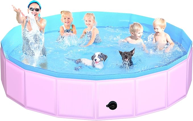 2025 Updated Foldable Dog Pool, 97" x 12" Kiddie Pool with Hard Plastic, Non-Slip Dog Bath Tub for Outdoor Backyard, Collapsible Dog Swimming Pool for Kids Dogs Pets (Pink)-PawvioPets