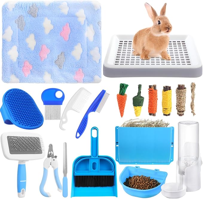 19 Pcs Rabbit Starter Kit Small Bunny Litter Box Animal Grooming Kit Water Bottle Bunny Toys Hay Feeder Bowl Blankets with Cleaning Set for Guinea Pig Rabbit Accessories-PawvioPets