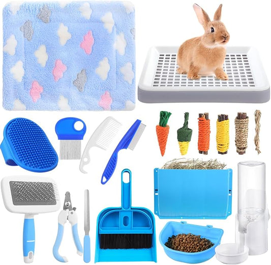 19 Pcs Rabbit Starter Kit Small Bunny Litter Box Animal Grooming Kit Water Bottle Bunny Toys Hay Feeder Bowl Blankets with Cleaning Set for Guinea Pig Rabbit Accessories-PawvioPets