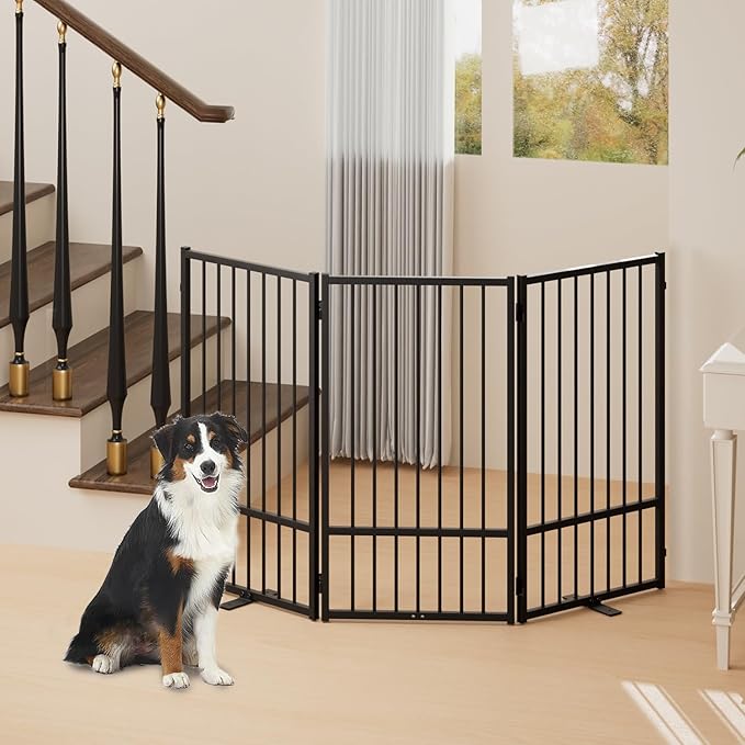 Full Metal Freestanding Dog Gate with Door, 36''Height Foldable Pet Dog Fence for Indoor & Outdoor, 3 Panels Extra Wide Free Standing TallDog Gates for Doorways,House,Stairs,Porch,Deck,Yard-PawvioPets