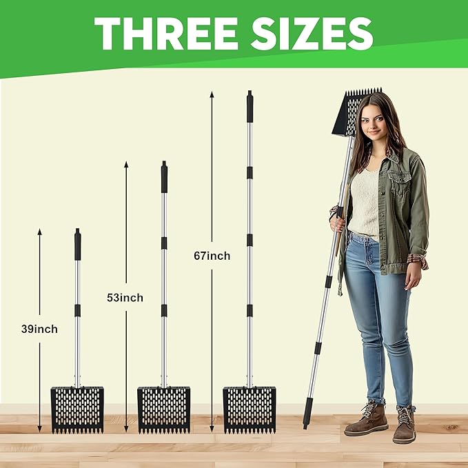 2-in-1 Chicken Poop Scooper & Rake - Adjustable Chicken Coop Scoop with Handle（39、53、67 in），Stainless Steel Shovel Head- Litter Scooper Sand & Sifting Shovel for Chicken Coops-PawvioPets