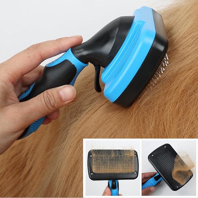 Dog Brush Kit for Grooming Short & Long Haired Dogs & Cats, 4-in-1 Pet Grooming Set with Self-Cleaning Slicker Brush, Deshedding Tool, Shampoo Bath Comb, Massge Comb (Blue Black)-PawvioPets