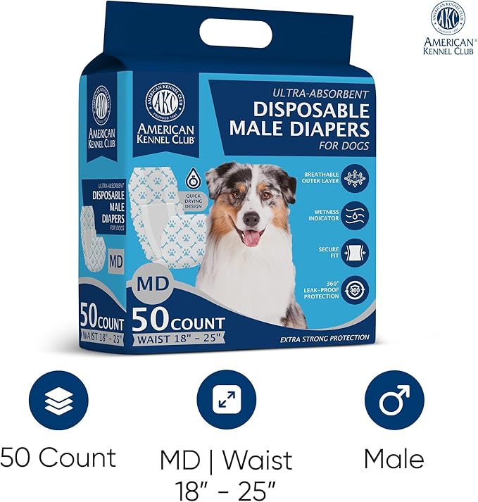 American Kennel Club Male Dog Wrap, Disposable Diapers with Wetness Indicator, Medium, 50 Count-PawvioPets