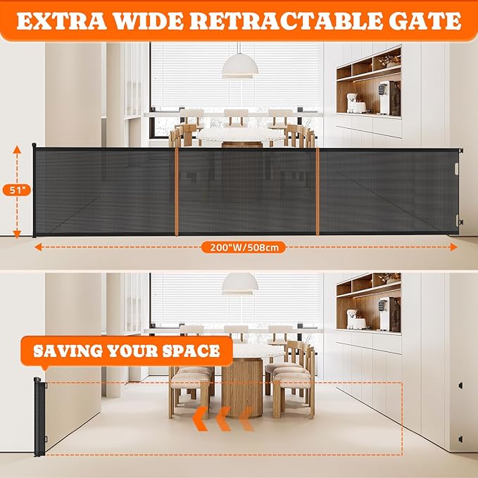 Extra Tall Retractable Baby Gates: 51" Tall Pet Gate, Extend up to 200" Wide, Mesh Baby Gate with Support Rods Jump-Proof Design for Cats & Large Dogs High Dog Cat Door Indoor Outdoor, Black-PawvioPets