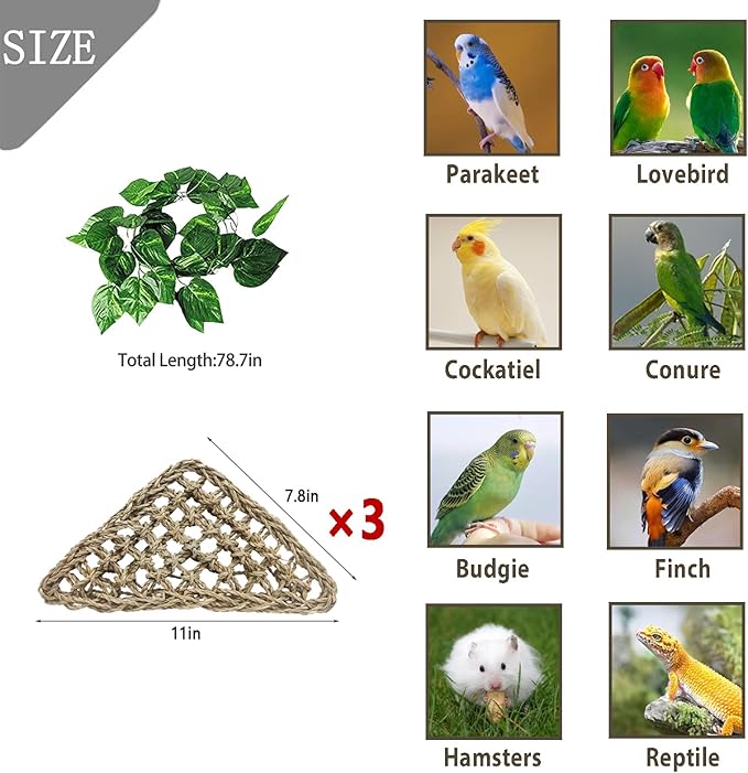 BNOSDM Bird Seagrass Mat, 3 PCS 7.1 x 7.1 Inches Parrot Natural Seagrass Woven Bird Net Hammock Mats Chew Toys Bird Hideout Cage Accessories for Lovebird Cockatiel Conure Budgie Hamster Rats-PawvioPets