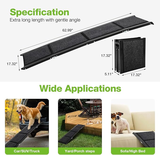 Dog Ramp for Car，63" x 17" Wide Folding Pet Ramp Dog Ramps for Medium & Large Dogs with Non-Slip Rug Surface ，Portable Dog Car Ramp for SUV Car & Truck, Outdoor Dog Ramp Up to 250 LBS-PawvioPets