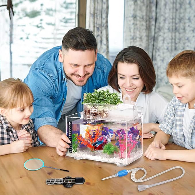 Betta Fish Tank Kit, 2.5 Gallon Aquarium Self-Cleaning with LED Light, Filter, Heater, Decorations and Accessories - Ideal for Hydroponic Growing System and Aquaponics-PawvioPets