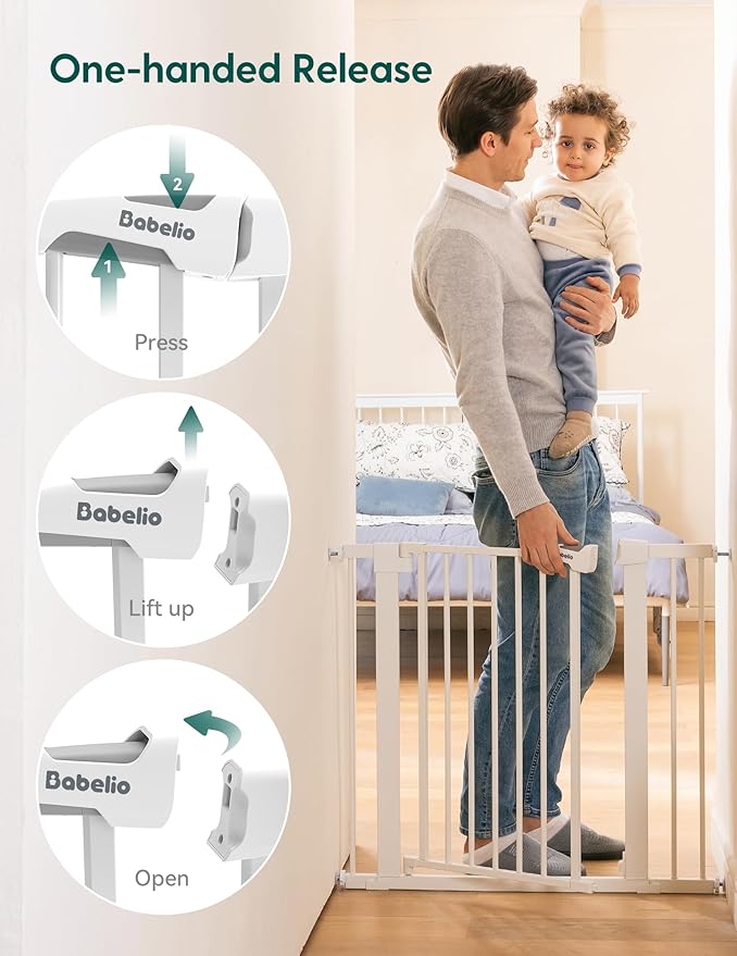 Babelio Metal Baby Gate, 29-43" Auto Close Easy Install Pet Gate, Extra Wide Walk Thru Child Safety Gate, 30" Tall Pressure Mounted Dog Gate for Doorways & Stairs, White-PawvioPets