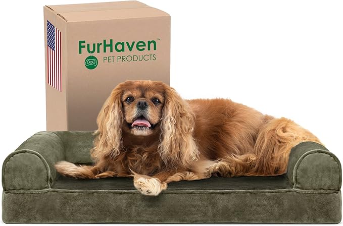 Furhaven Cooling Gel Dog Bed for Medium/Small Dogs w/ Removable Bolsters & Washable Cover, For Dogs Up to 35 lbs - Faux Fur & Velvet Sofa - Dark Sage, Medium-PawvioPets