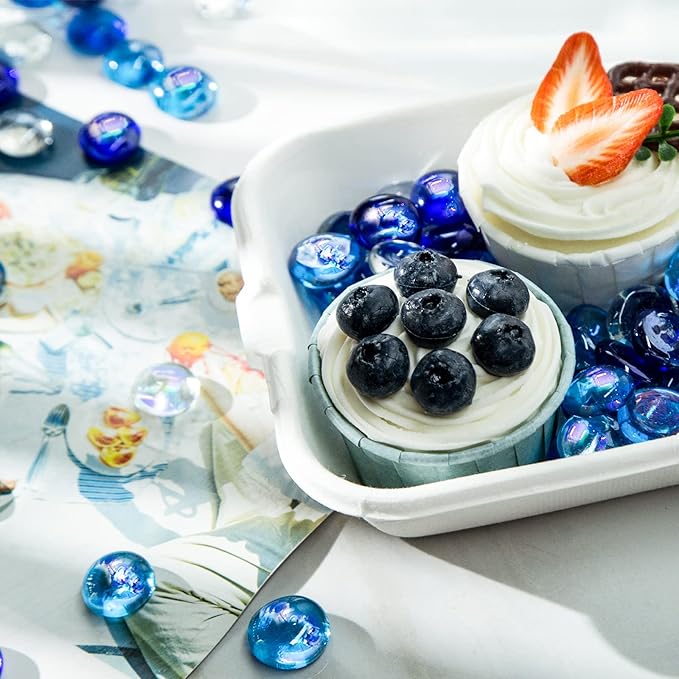 FUTUREPLUSX 1LB Iridescent Flat Glass Marbles, Blue Mixed Glass Beads Vase Fillers Decorative Gem Pebbles Sparkling Floral Fish Tank Rocks for Vases Table Scatter Aquarium Decor DIY Craft-PawvioPets