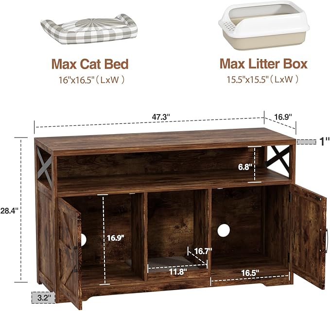 Cat Litter Box Enclosure for 2 Cats, 47" Double Hidden Litter Box Furniture with Scratch Pad, Farmhouse Indoor Litter Box Cabinet Cat Washroom, Rustic Brown-PawvioPets
