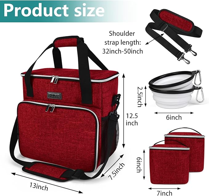 BAGLHER Dog Travel Bag, Pet Travel Bag (ALL Pet Travel Supplies), With 2 Pet Food Containers and 2 Collapsible Silicone Bowls; Essential Kits for Pet Travel Red-PawvioPets