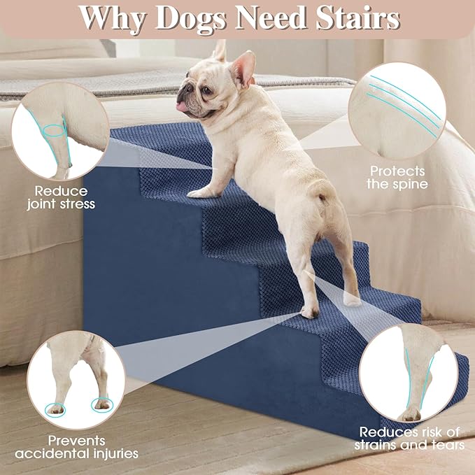 GGIB Dog Stairs for Small Dogs and Cats - Non-Slip Steps for High Bed, Sofa, Couch - Pet Ramp with Removable Washable Cover, Navy, 22" H, 5-Step-PawvioPets