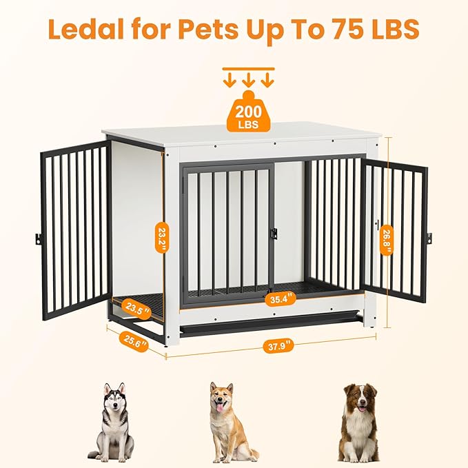 Dog Crate Furniture, Dog Crate End Table for Medium and Large Dogs,Wooden Cage Kennel Furniture Indoor, Modern Dog Crate with Multi-Purpose Removable Tray, Double-Doors Dog Furniture, White-PawvioPets