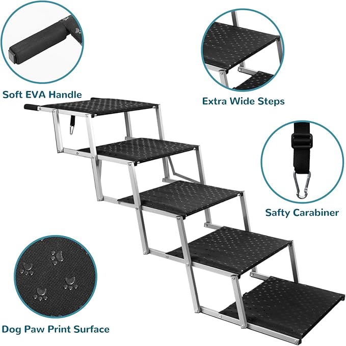 Extra Wide Dog Stairs for Large Dogs,Portable Folding Pet Stairs for Cars,SUV,Trucks,Dog Steps with Non-Slip Surface,Supports Up to 250 lb,5 Steps-PawvioPets