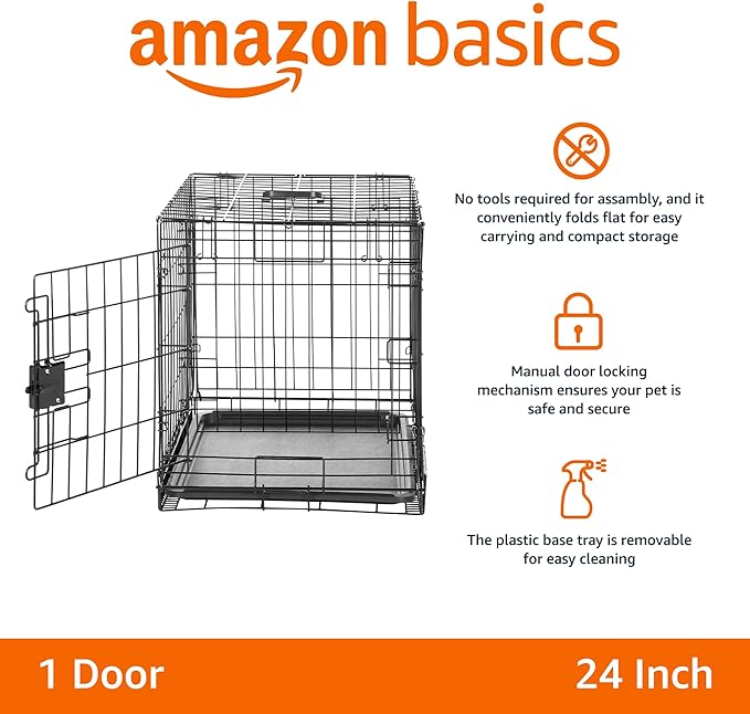 Amazon Basics Durable, Foldable Metal Wire Small Dog Crate with Tray, Single Door, 24 x 18 x 20 in, Black-PawvioPets