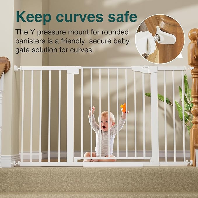 Cumbor 29.7-54.2" Wide Baby Gate for Stairs, Mom's Choice Awards Winner-Self Closing Dog Gate Indoor for Doorways, No Drilling Pressure Mounted Pet Gates for Kids, Easy Walk Through Safety Gate, White-PawvioPets